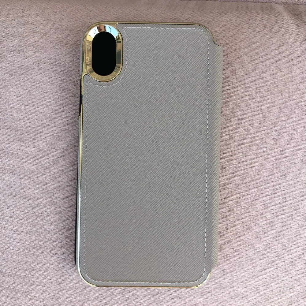 kate spade new york Wrap Folio Tan Grayish Case Gold Logo iPhone XR